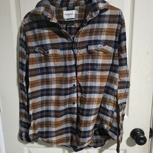 Goodfellow & Co Men's Brown and Blue Plaid Casual Button Down Shirt